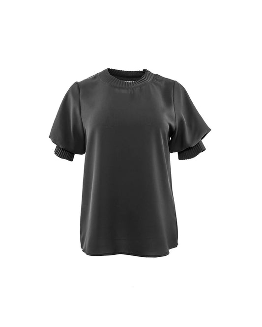 THEO Dione Short Sleeve Pleated Neck Top Black