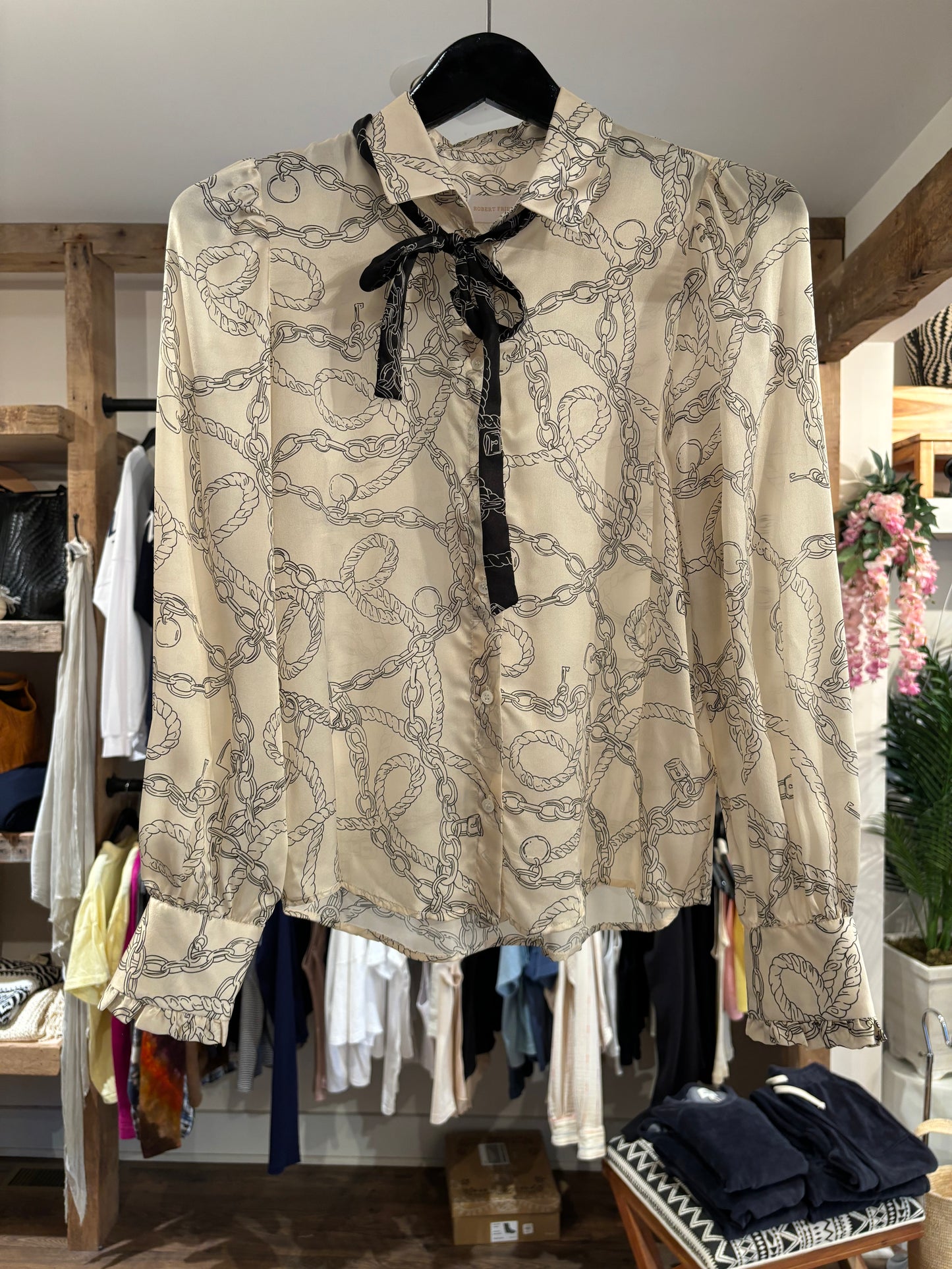 Robert Friedman Cream Chain-Print Bowtie Blouse