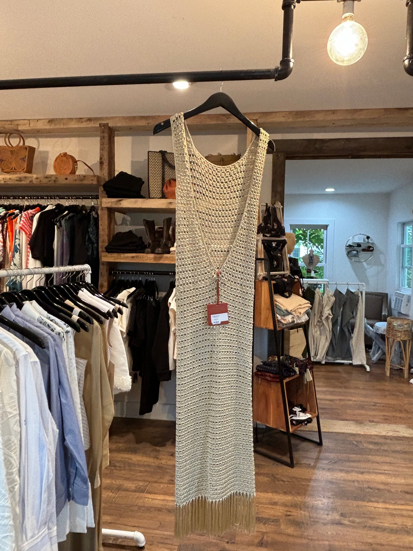 S-Mode High Neck Dress with Fringe in Champagne