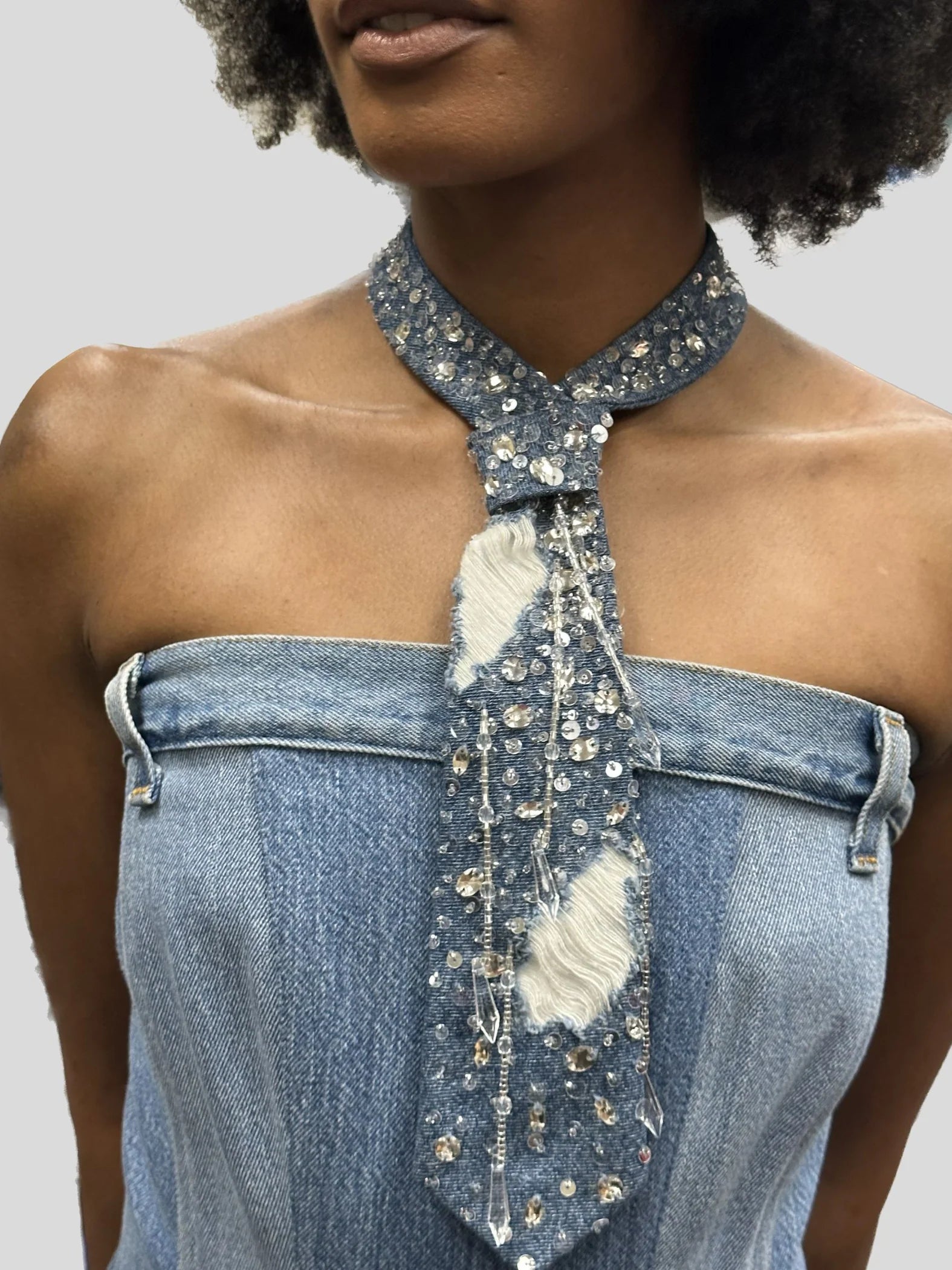 Nandanie Frayed Crystal Denim Tie Blue One Nandanie Frayed Crystal Denim Tie Blue One