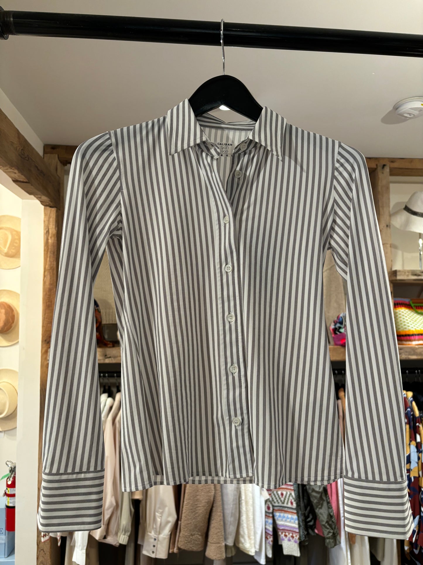 Caliban Blouse White & Gray Stripe Button Down