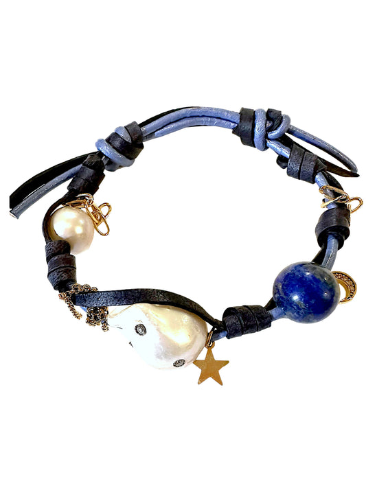 Joie DiGiovanni Midnight Sparkling Star Diamond Pearl Gold Rocker Bracelet