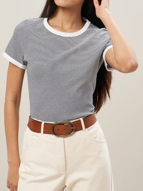 Hartford Striped Cotton T-Shirt in Ecru & Navy