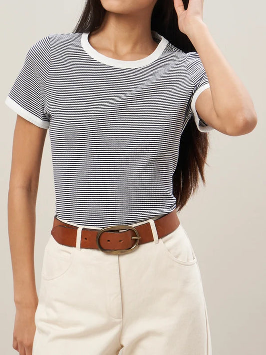 Hartford Striped Cotton T-Shirt in Ecru & Navy