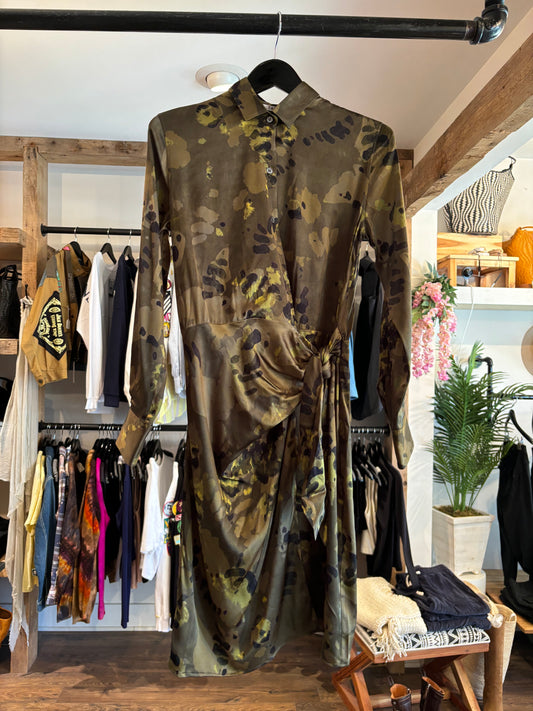 Caliban Olive Animal Camo Tie Front Dress