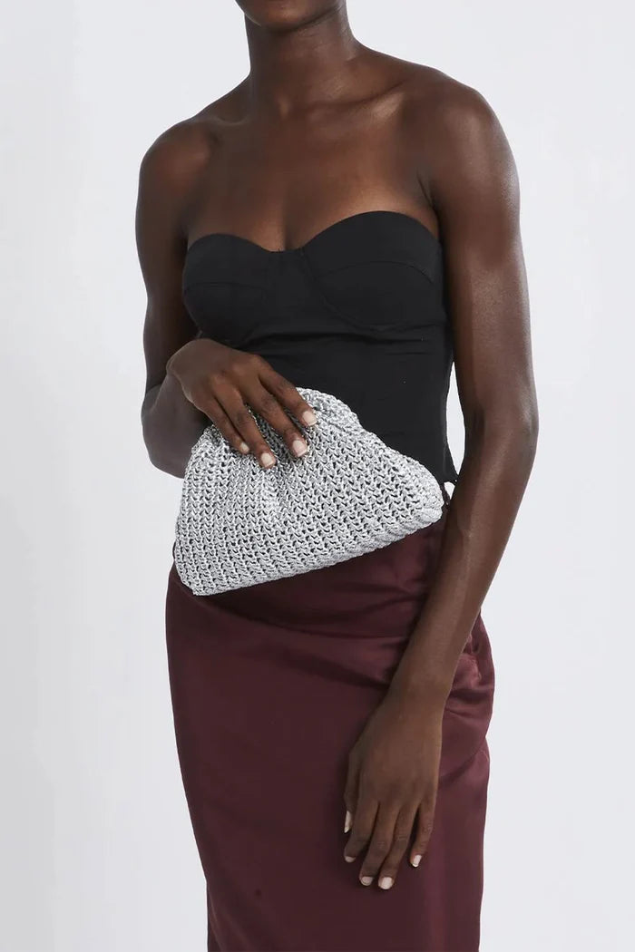 Maria La Rosa Mini Game Crochet Solid Clutch in Silver